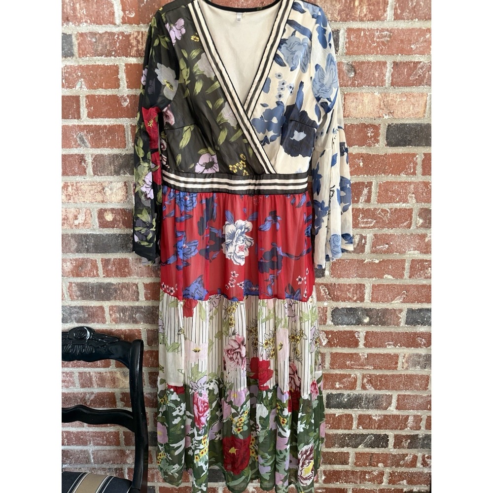 Women Long Sleeve Maxi Dress Boho Fairy Hippie Patchwork Peasant Fall Size L
